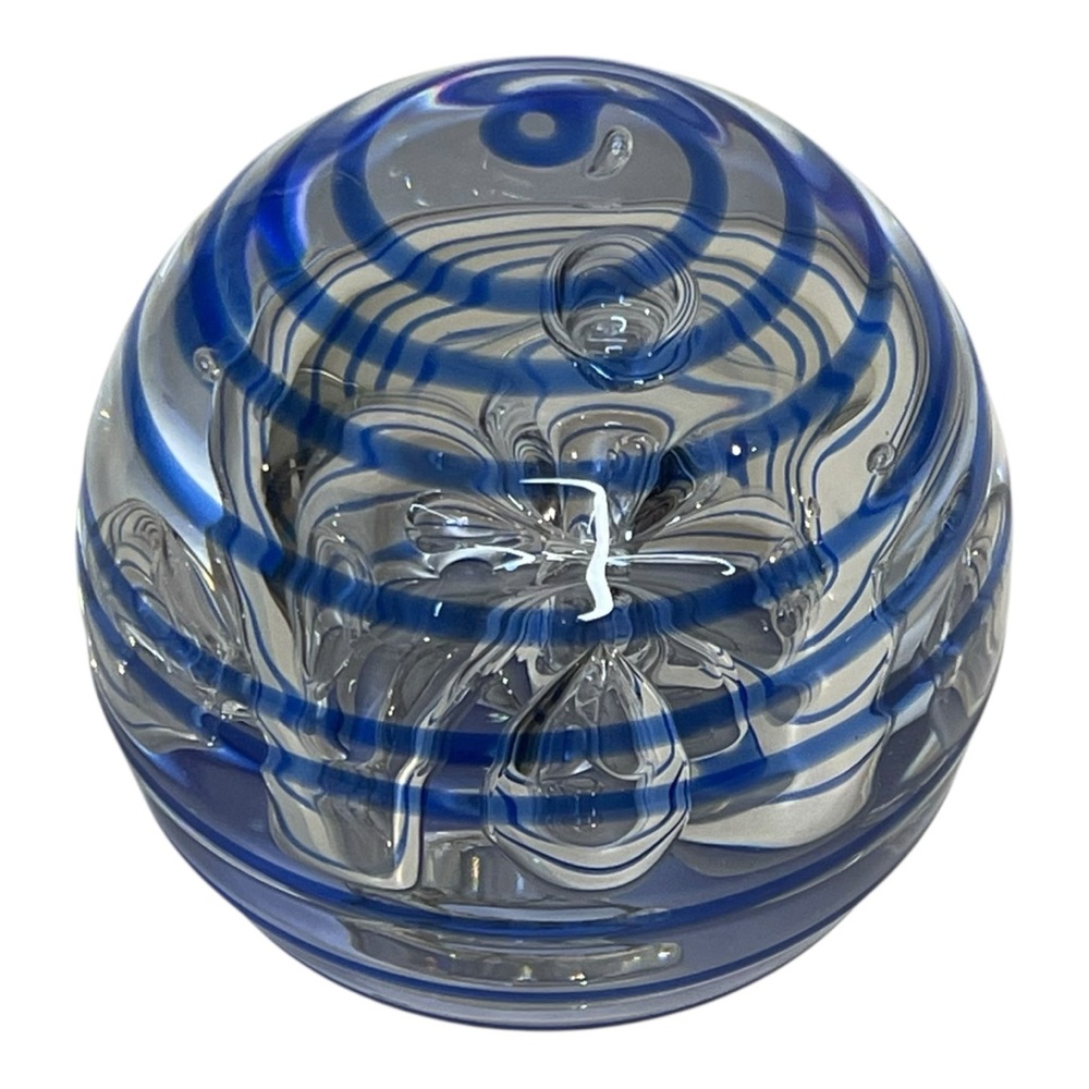 Jim Karg Paperweight Signed Blue Swirl Bubble Optical Illusion Studio Art Glass